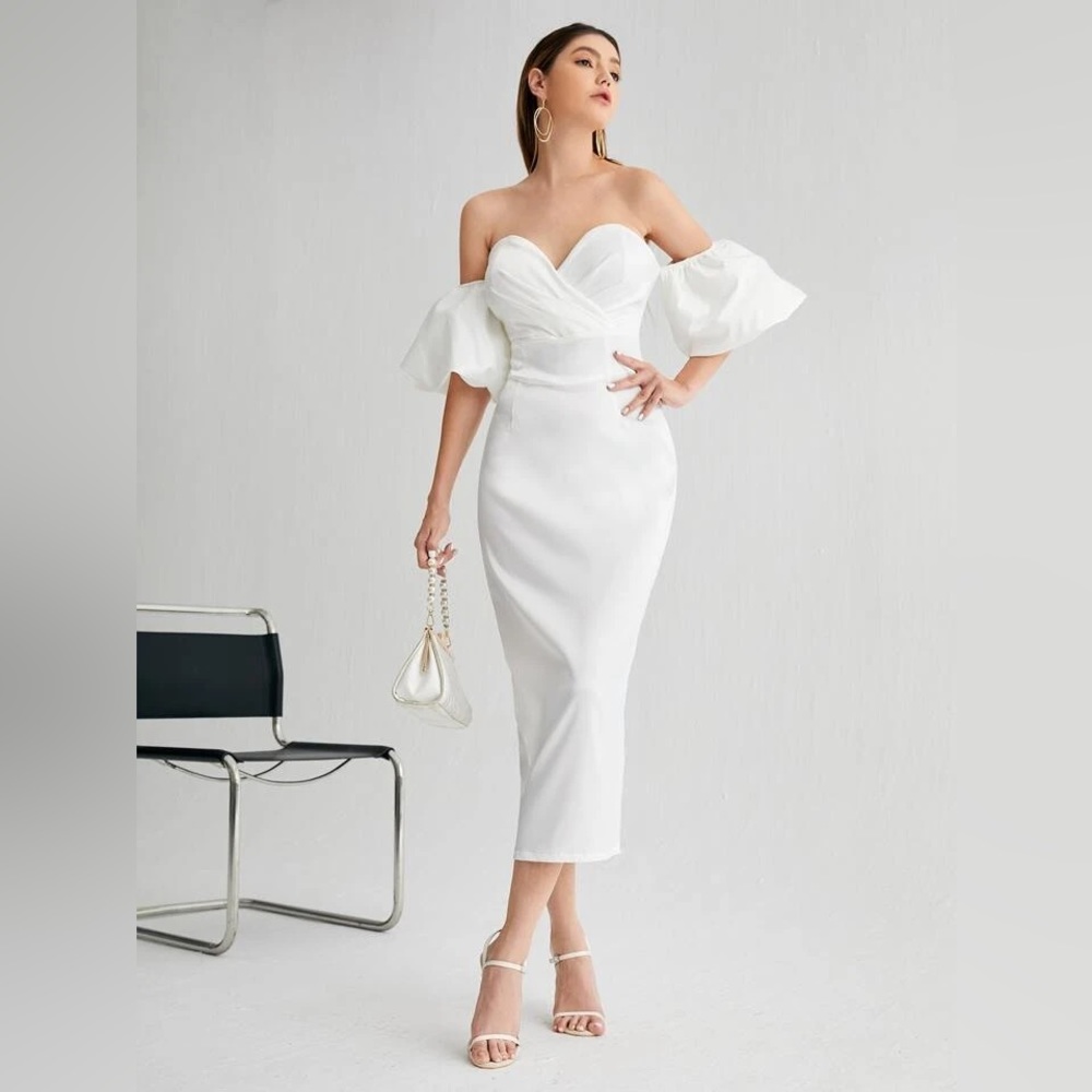 NWOT White surplice top satin midi dress